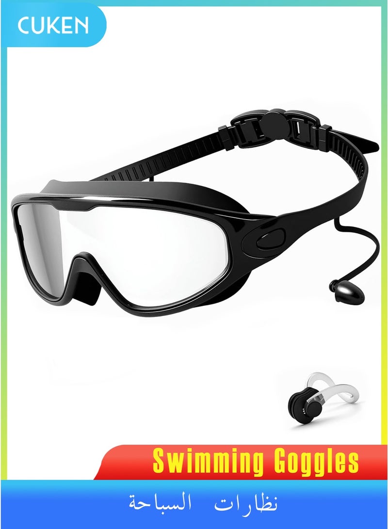 Cuken 1 Pack Professional Swim Goggles, Ultra Wide 180° Vision Swimming Goggles for Adults, Anti-Fog UV Protection Comfortable No Leak Swimming Glasses, Adjustable Strap for Men Women Kids, Black Frame with Clear Lens - Image 1
